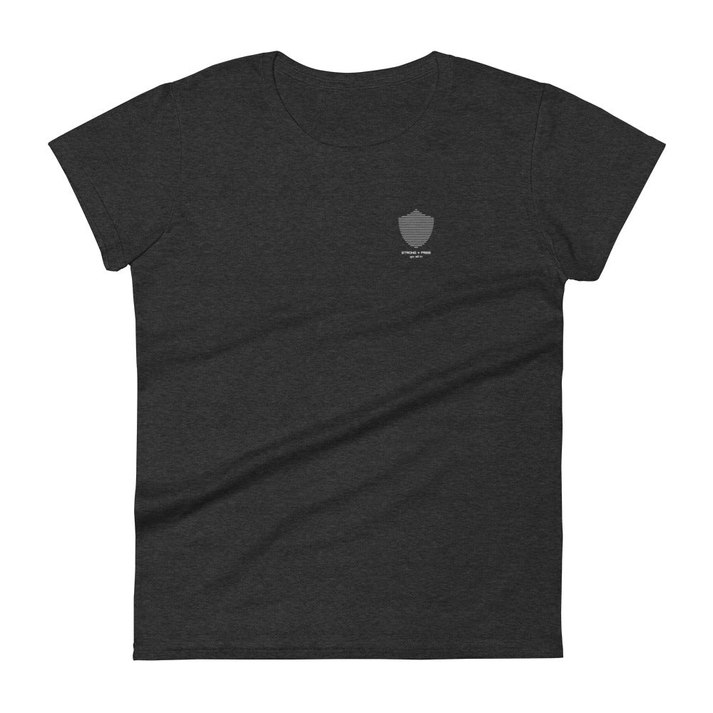 Women's short sleeve tee, various colors. S+F signature shield logo design.