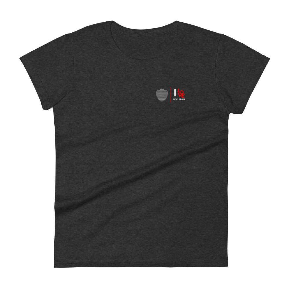 Women's short sleeve t-shirt, black/navy/grey colors. S+F pickleball love logo design.