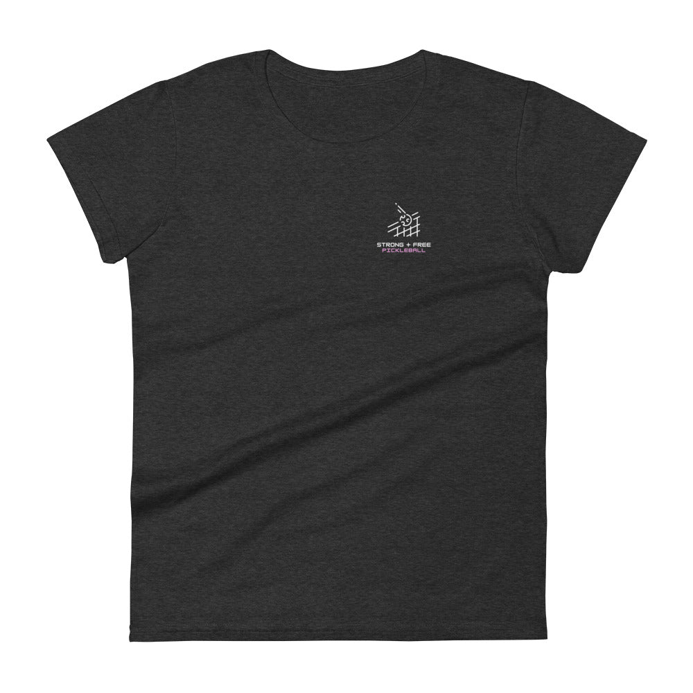 Women's short sleeve t-shirt, black/navy/grey. S+F custom pickleball logo design, pickleball II.