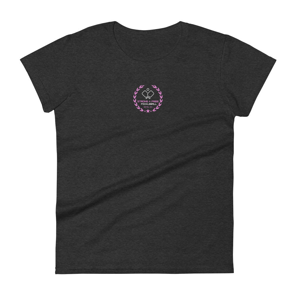 Women's short sleeve t-shirt, black/navy/grey. S+F custom pickleball logo design, pink crest.
