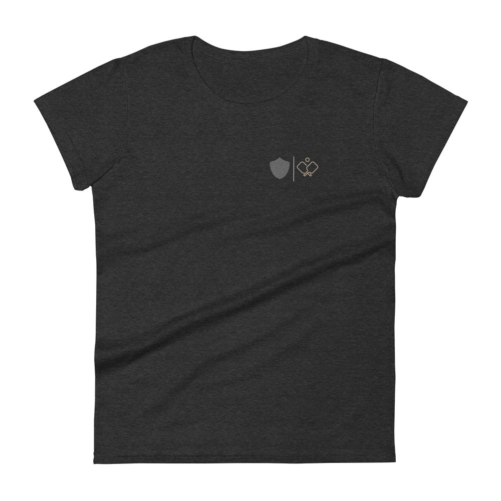 Women's short sleeve t-shirt, black/navy/grey colors. S+F signature pickleball logo design II.