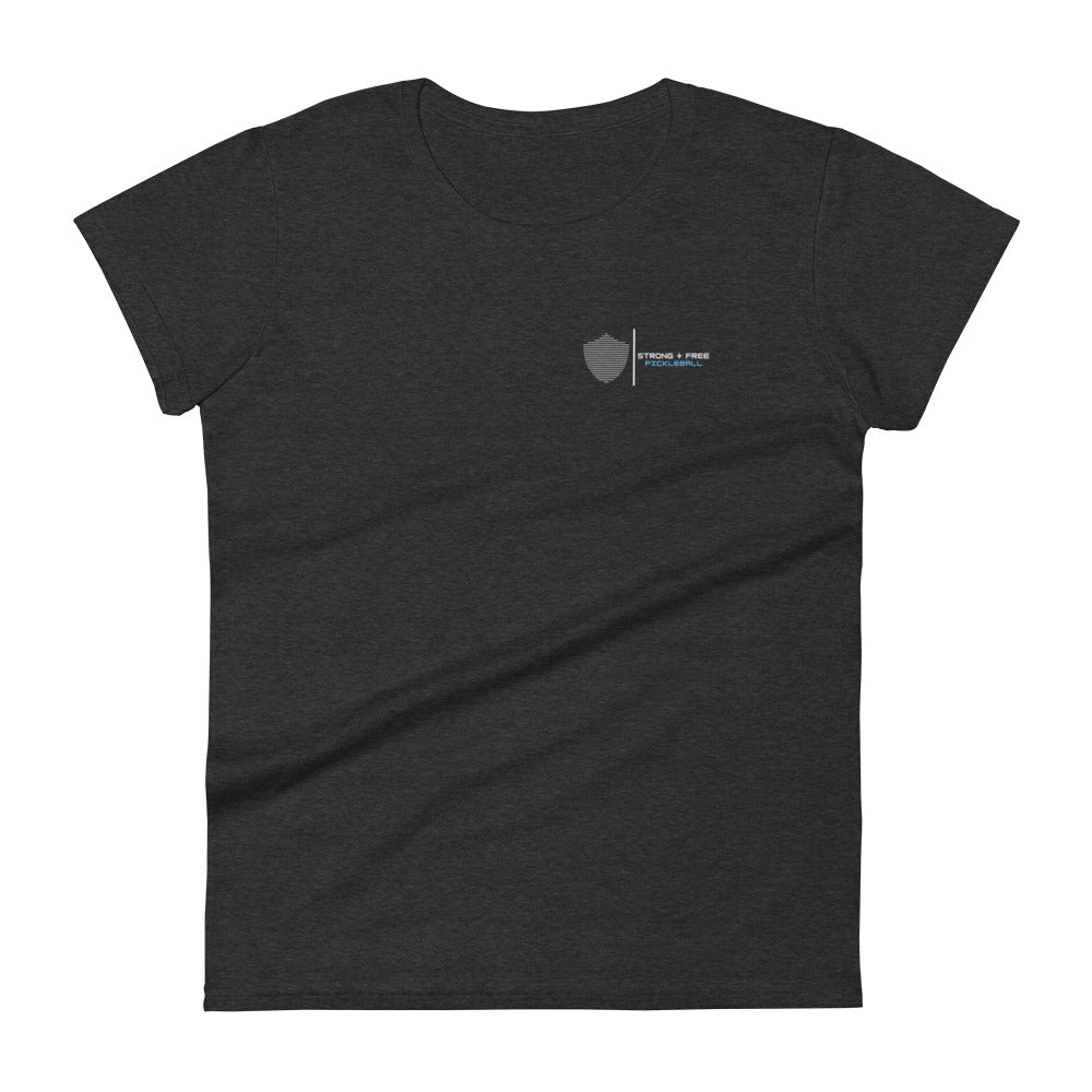 Women's short sleeve t-shirt, black/navy/grey colors. S+F signature shield logo design II.