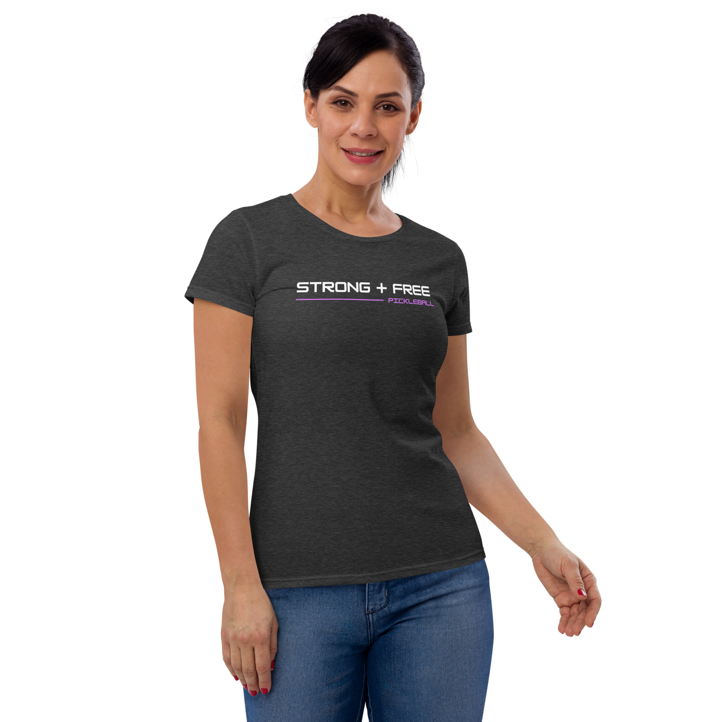 Women's short sleeve t-shirt, black/navy/grey colors. S+F signature wordmark logo design.