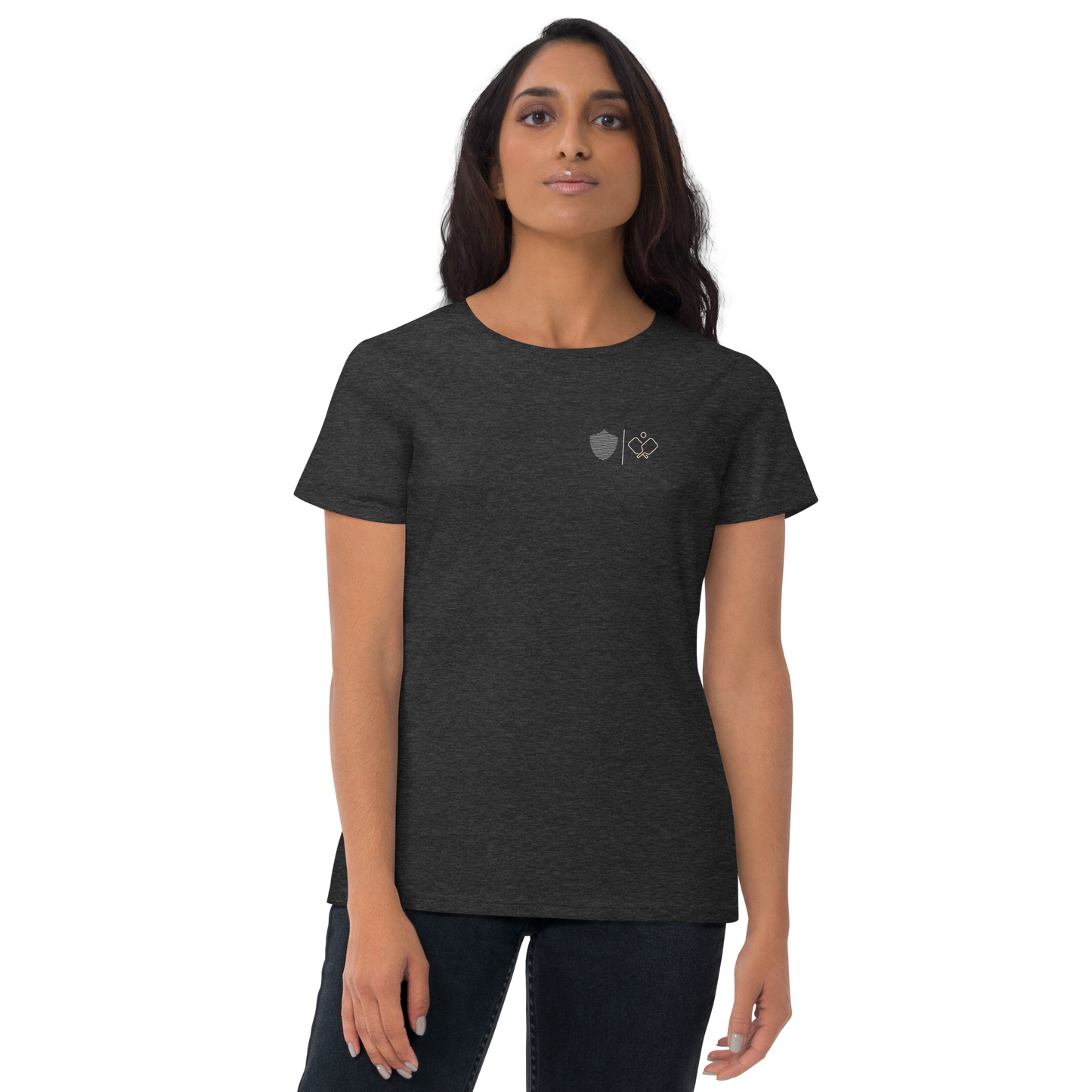 Women's short sleeve t-shirt, black/navy/grey colors. S+F signature pickleball logo design II.