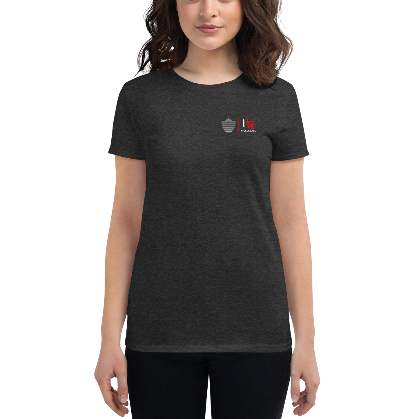 Women's short sleeve t-shirt, black/navy/grey colors. S+F pickleball love logo design.