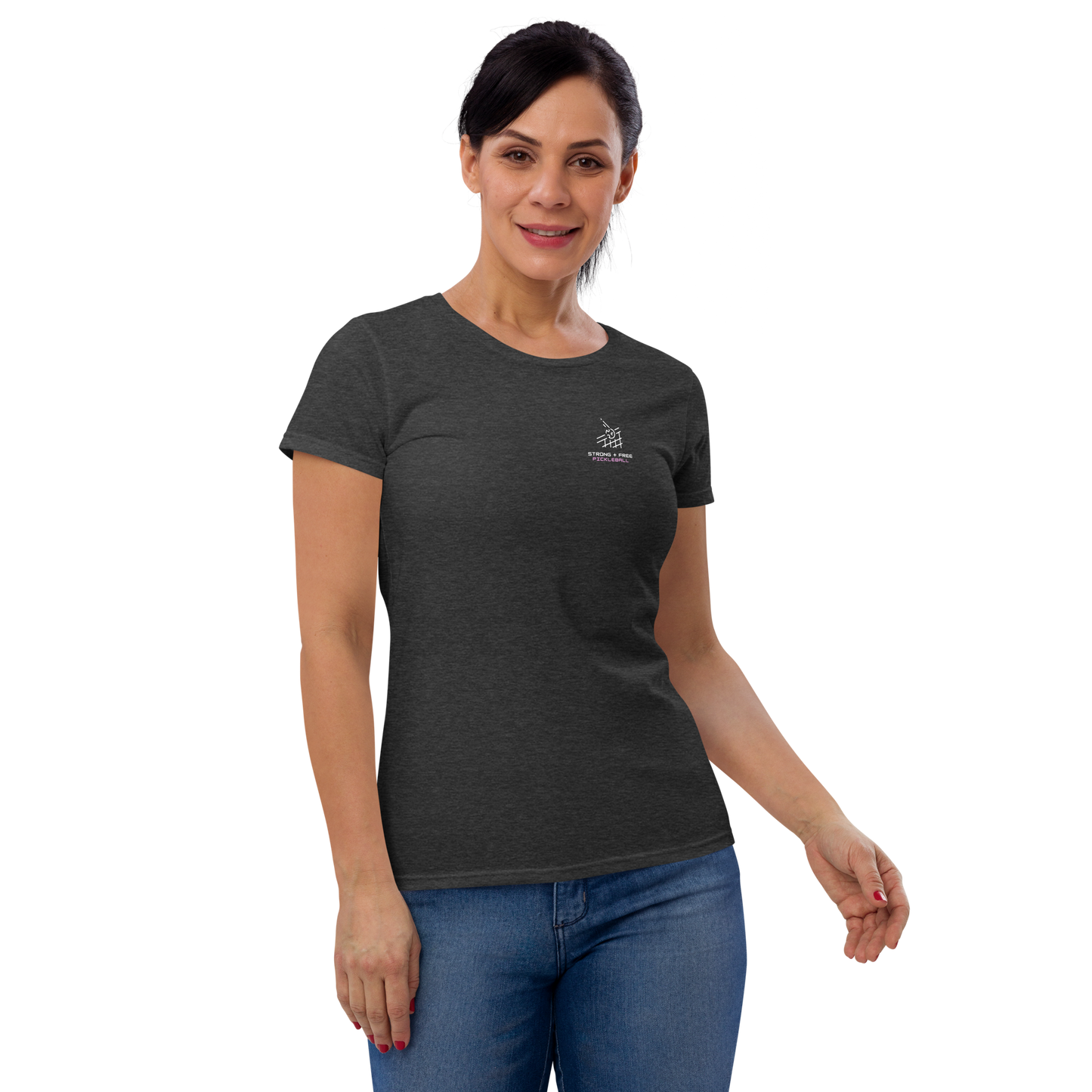 Women's short sleeve t-shirt, black/navy/grey. S+F custom pickleball logo design, pickleball II.