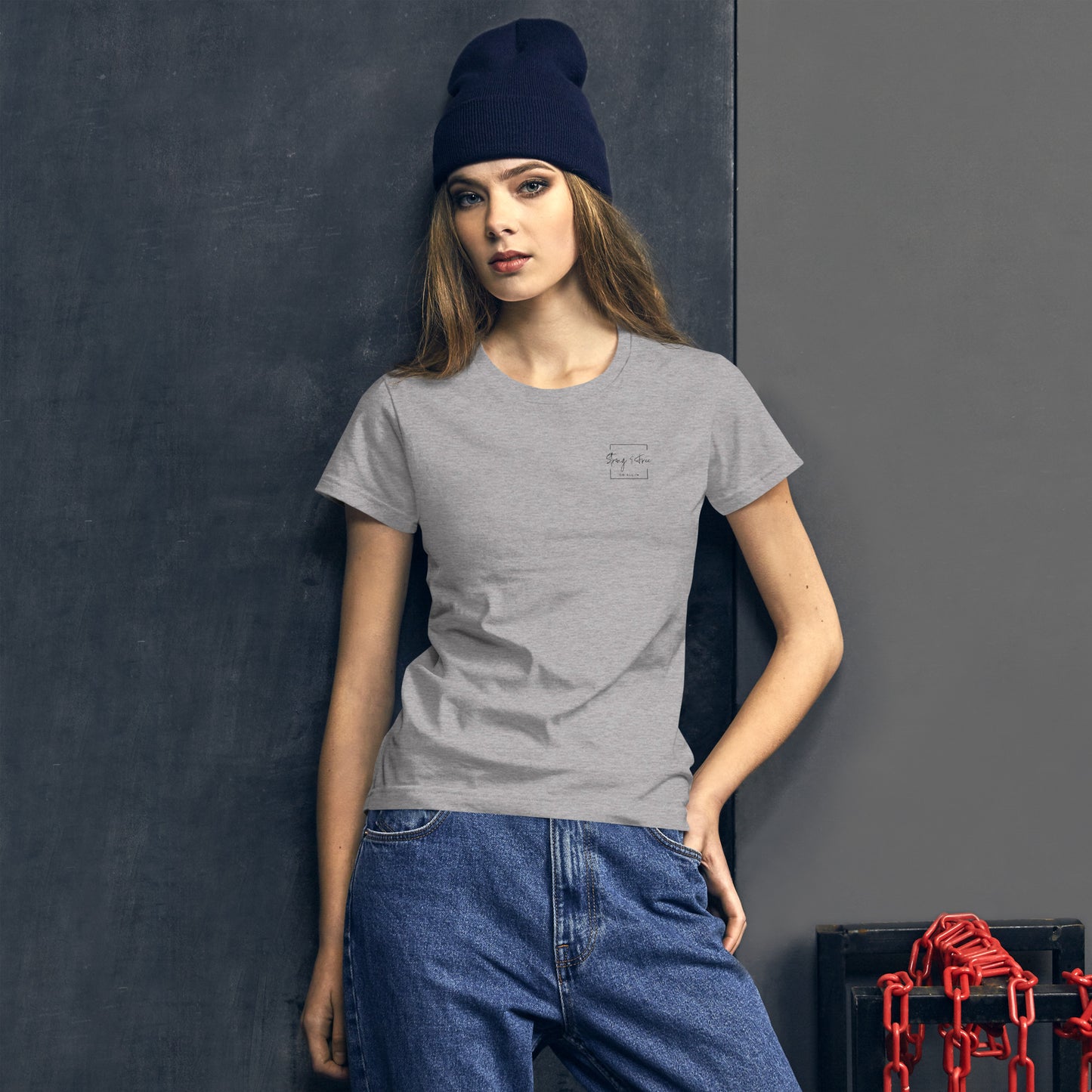 Women's Fitted Short Sleeve T-shirt, White/Grey/Blue/Red/Pink. S+F Square Logo Design.