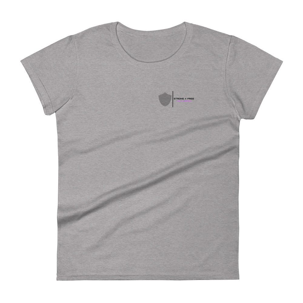 Women's short sleeve t-shirt, white/grey colors. S+F signature shield logo design II.