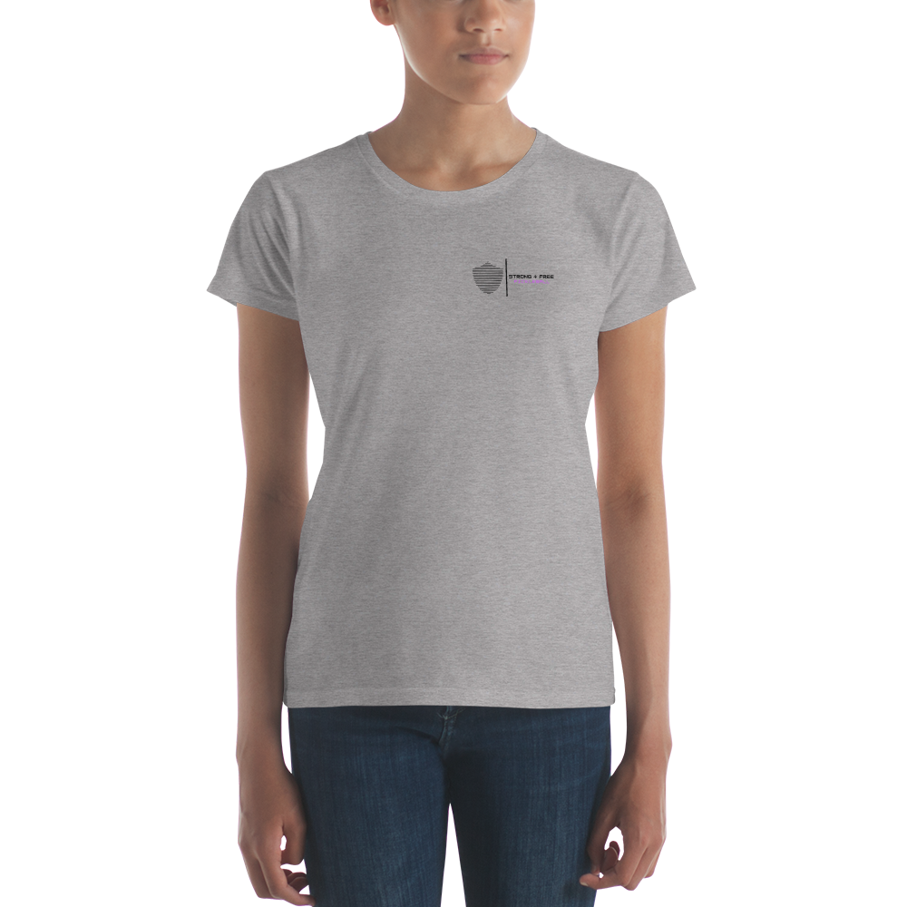 Women's short sleeve t-shirt, white/grey colors. S+F signature shield logo design II.