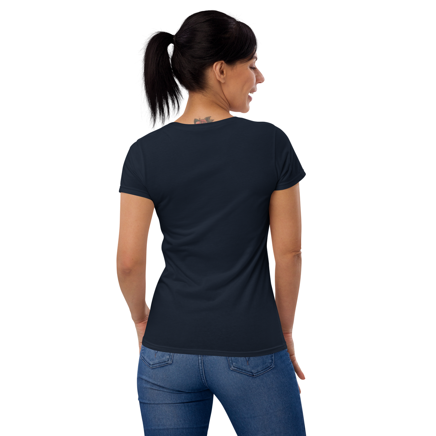 Women's short sleeve t-shirt, black/navy/grey colors. S+F signature pickleball logo design II.