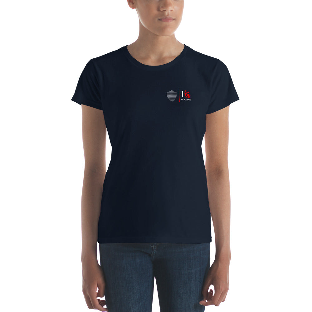 Women's short sleeve t-shirt, black/navy/grey colors. S+F pickleball love logo design.
