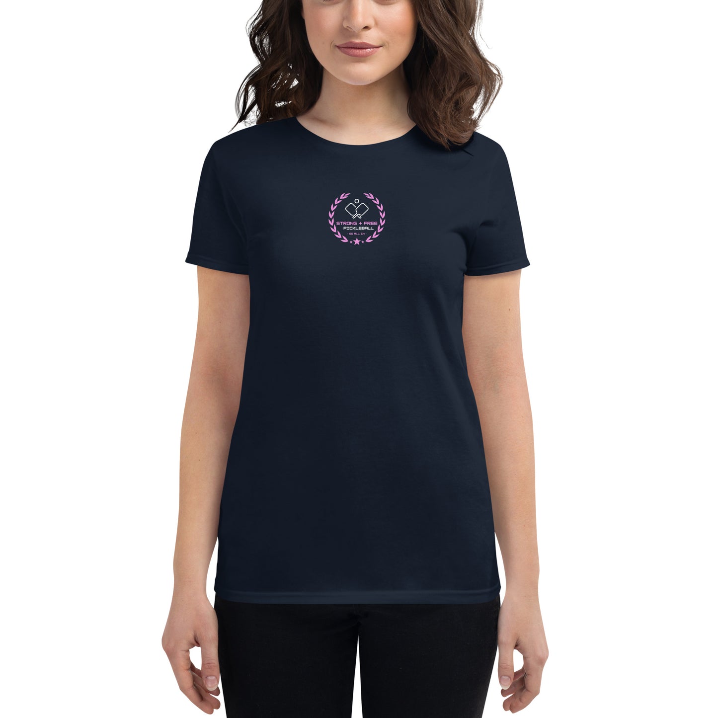Women's short sleeve t-shirt, black/navy/grey. S+F custom pickleball logo design, pink crest.