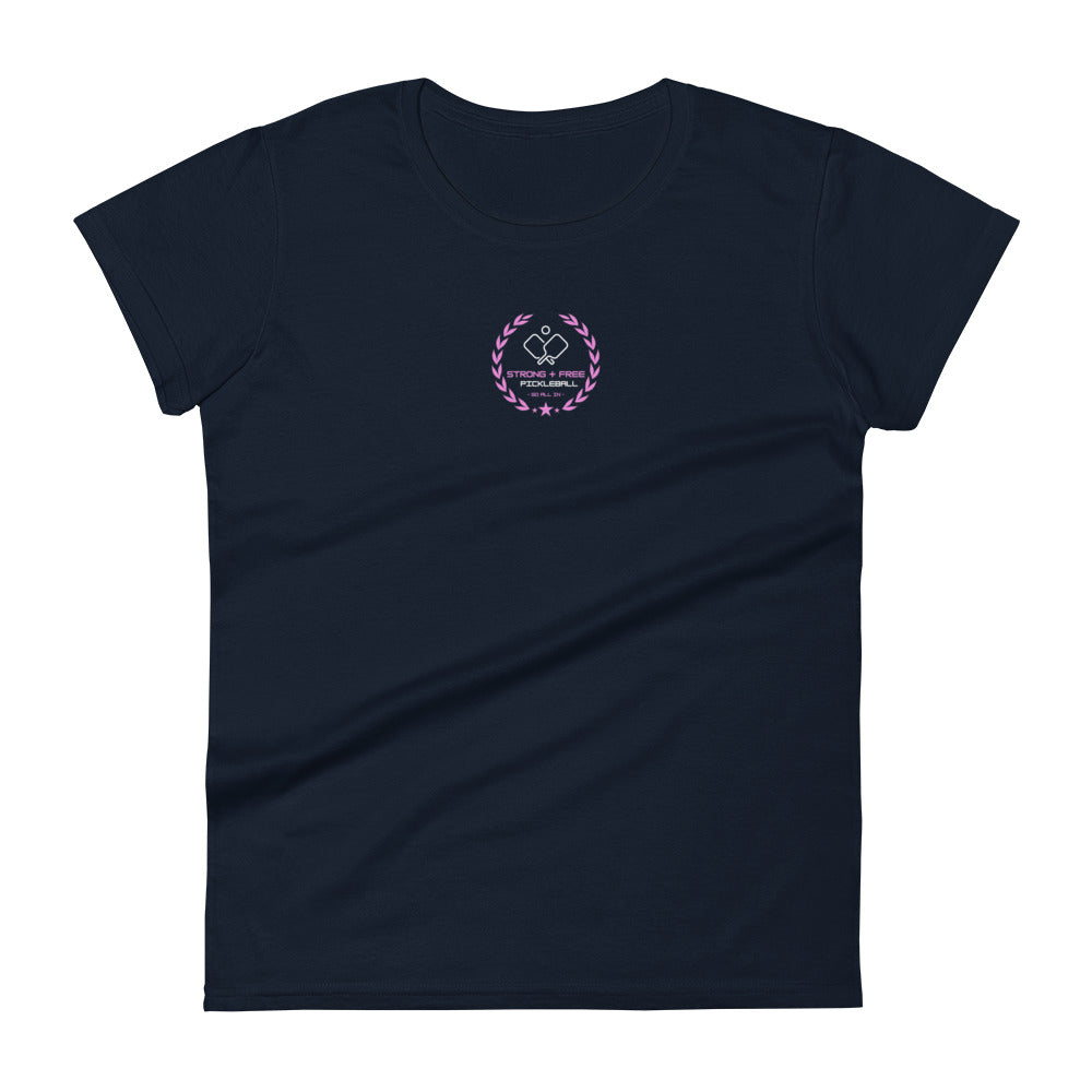 Women's short sleeve t-shirt, black/navy/grey. S+F custom pickleball logo design, pink crest.