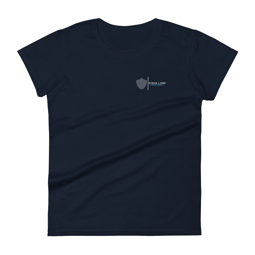 Women's short sleeve t-shirt, black/navy/grey colors. S+F signature shield logo design II.