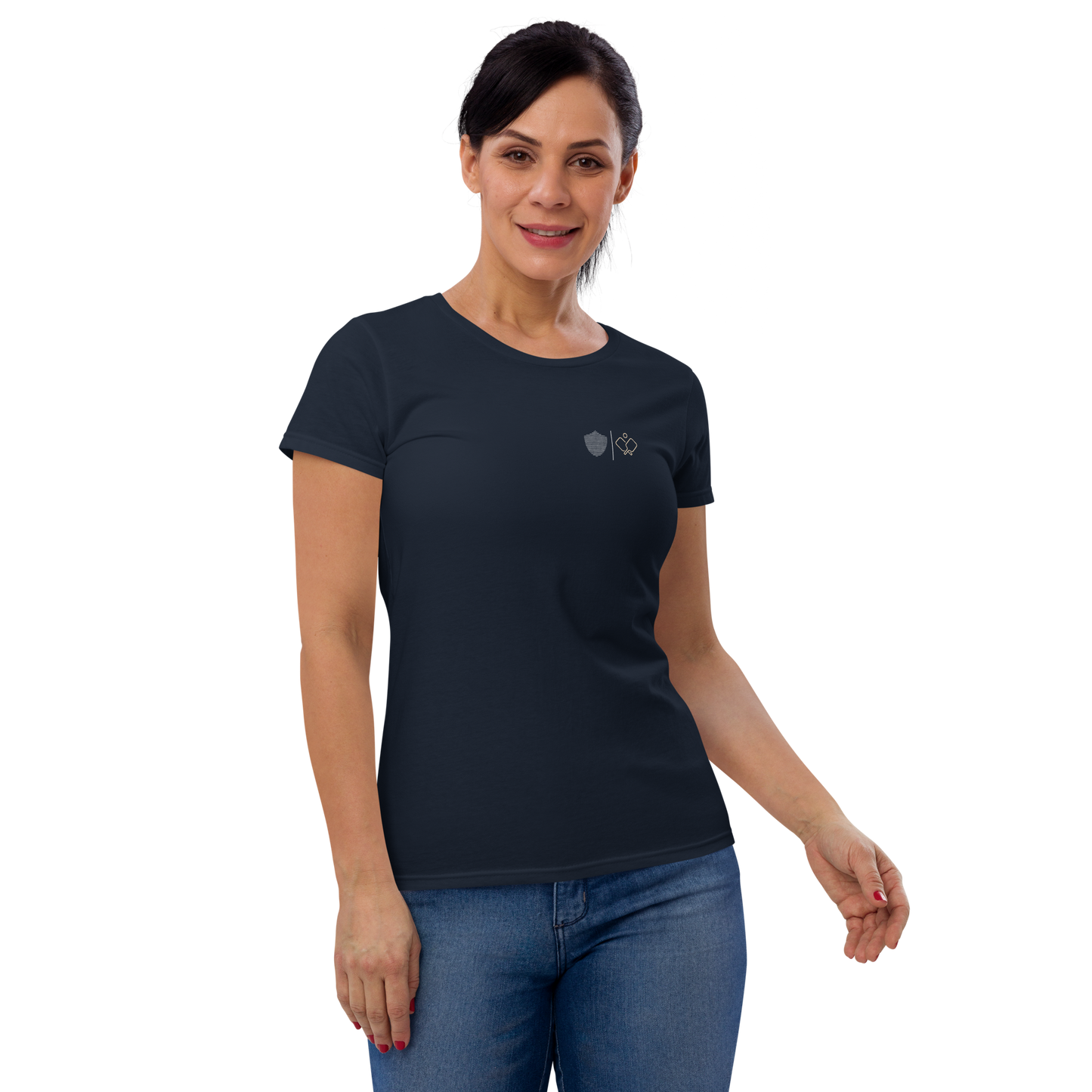 Women's short sleeve t-shirt, black/navy/grey colors. S+F signature pickleball logo design II.