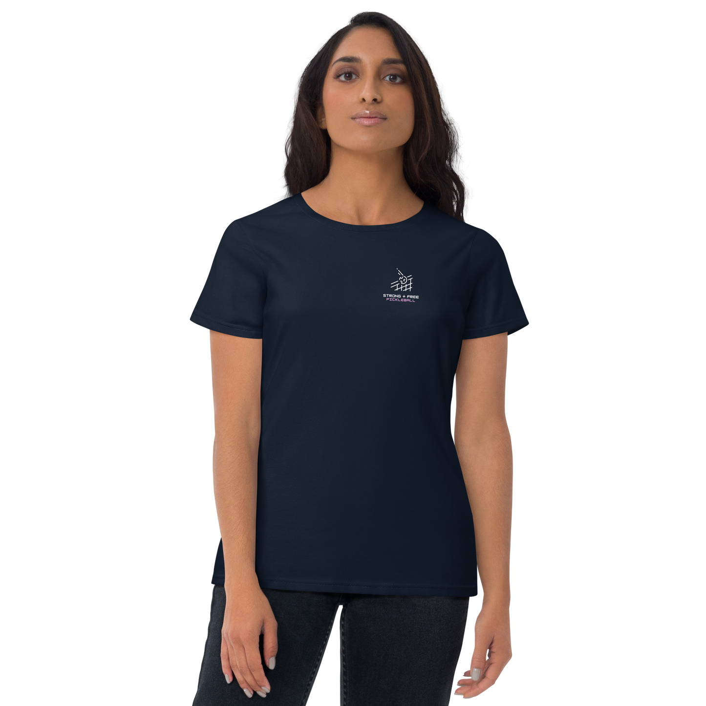 Women's short sleeve t-shirt, black/navy/grey. S+F custom pickleball logo design, pickleball II.