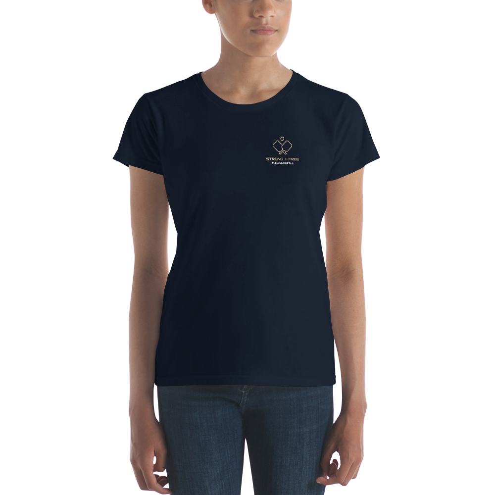 Women's short sleeve t-shirt, black/navy/grey colors. S+F signature pickleball logo design.