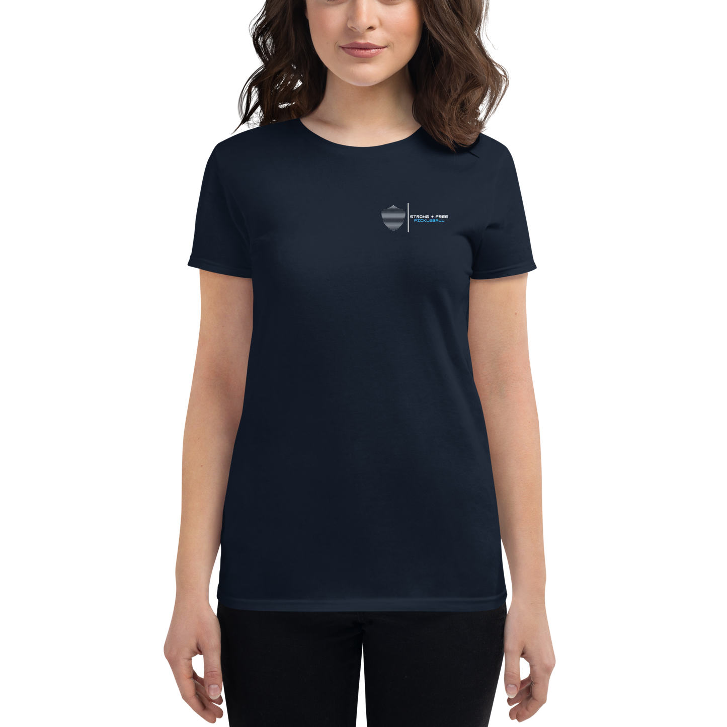 Women's short sleeve t-shirt, black/navy/grey colors. S+F signature shield logo design II.