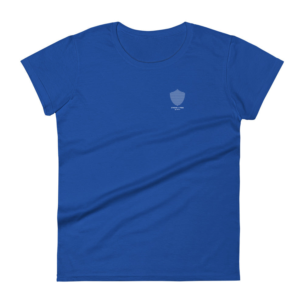 Women's short sleeve tee, various colors. S+F signature shield logo design.