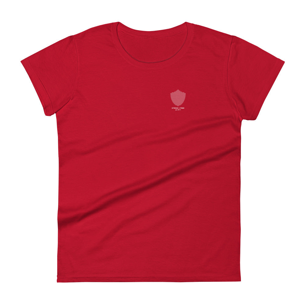 Women's short sleeve tee, various colors. S+F signature shield logo design.