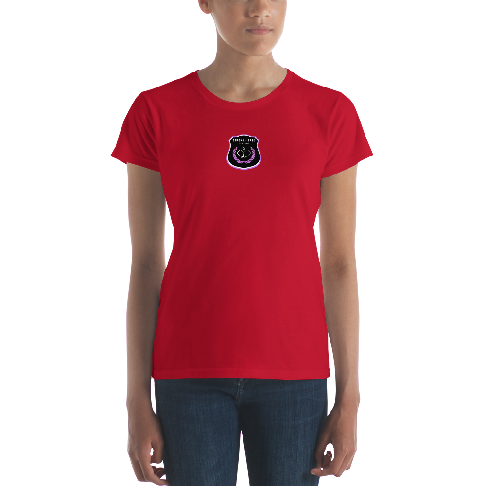 Women's short sleeve t-shirt, various colors. S+F custom pickleball logo design, black crest.