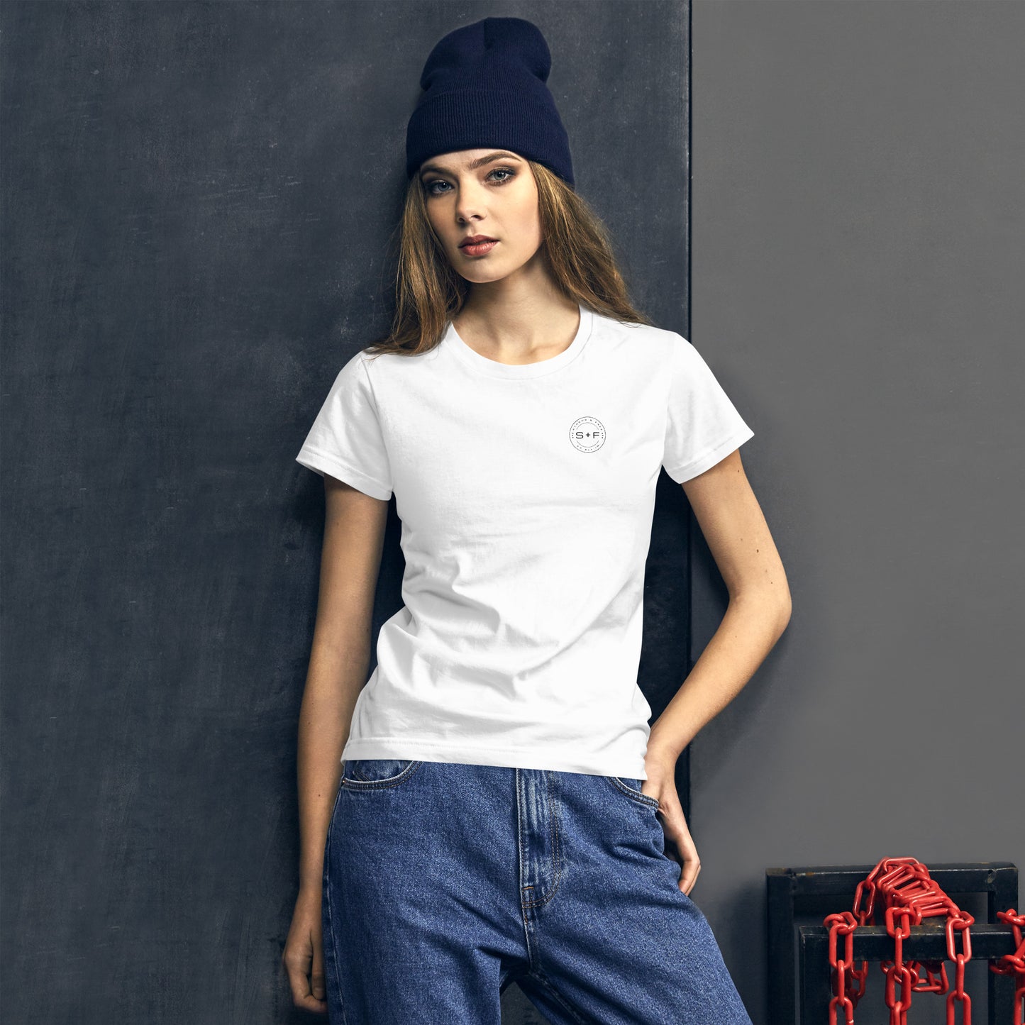 Women's Fitted Short Sleeve T-shirt, White/Red/Pink/Grey/Blue. S+F Black Circle Logo Design.
