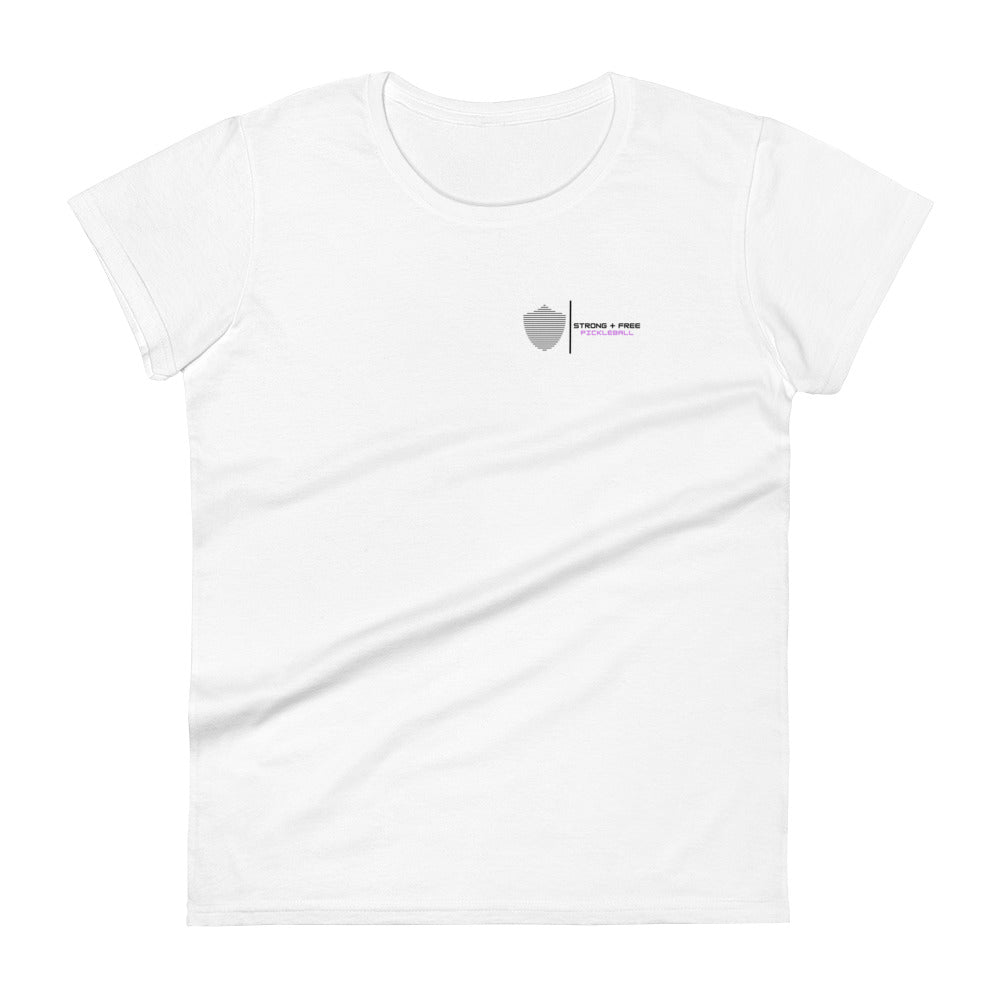 Women's short sleeve t-shirt, white/grey colors. S+F signature shield logo design II.