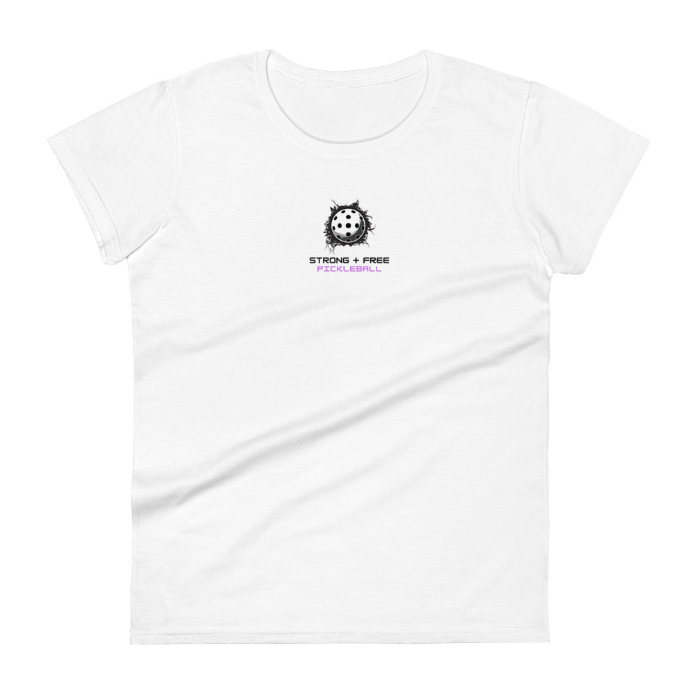 Women's short sleeve t-shirt, white/grey colors. S+F custom pickleball logo design, pickleball III.