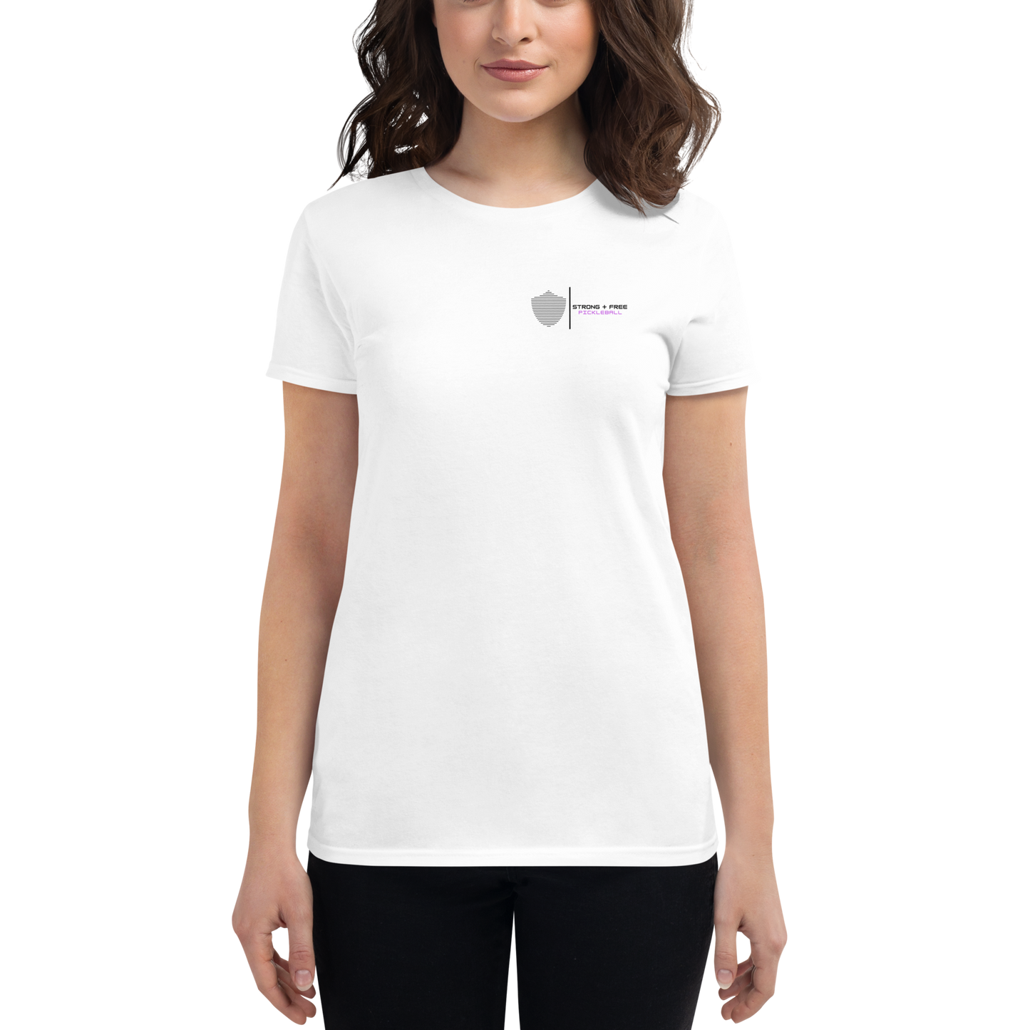 Women's short sleeve t-shirt, white/grey colors. S+F signature shield logo design II.