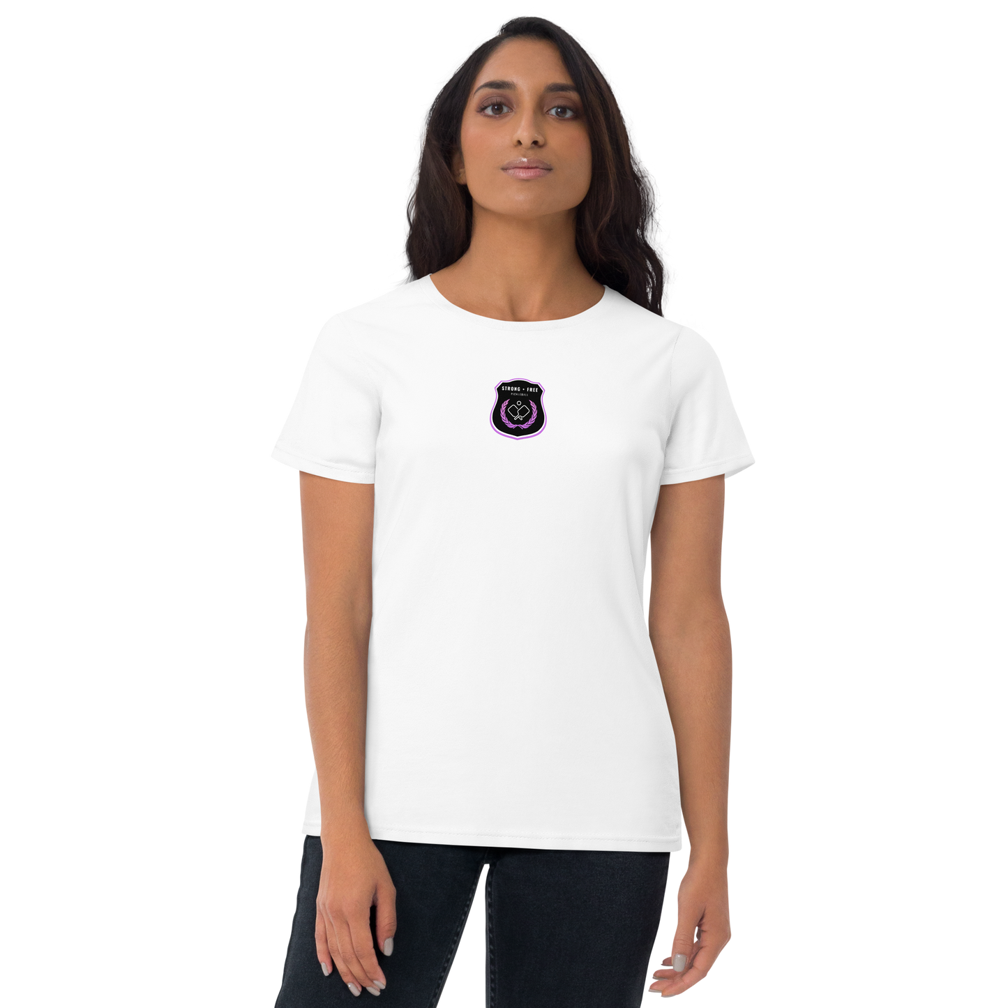 Women's short sleeve t-shirt, various colors. S+F custom pickleball logo design, black crest.