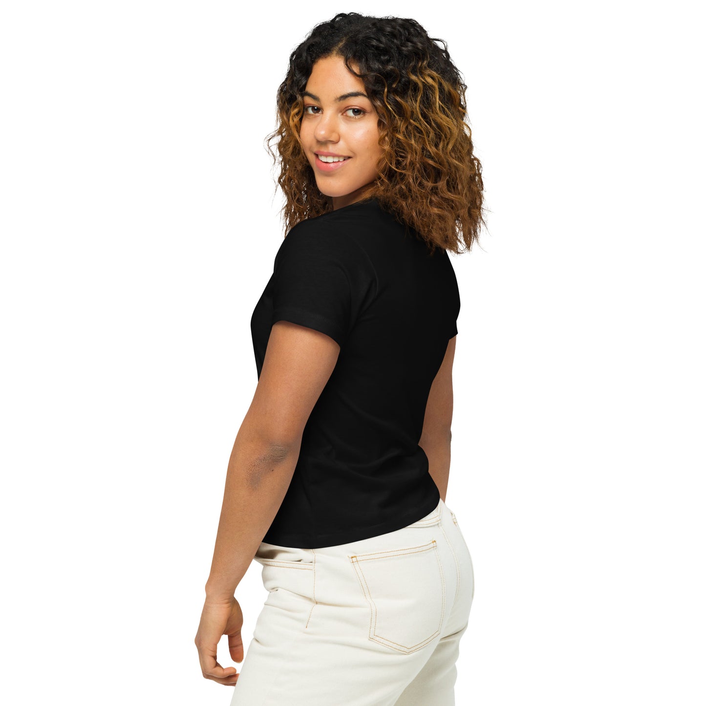 Women’s high-waist tee, multiple colors. S+F signature shield logo design II.