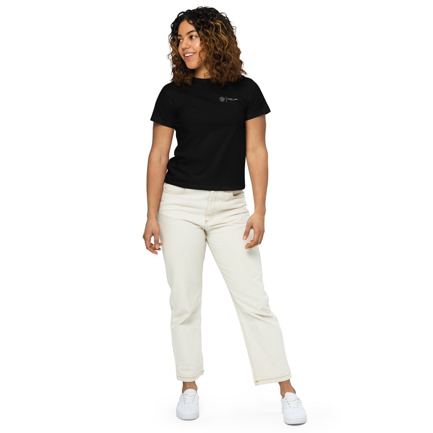 Women’s high-waist tee, multiple colors. S+F signature shield logo design II.