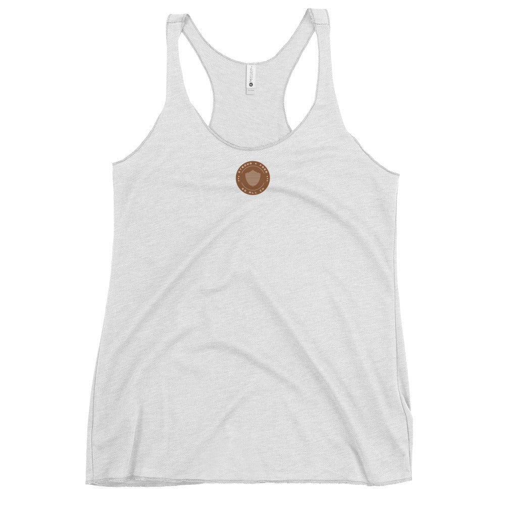 Women's Racerback Tank, various colors. S+F signature shield logo design, reverse brown crest.