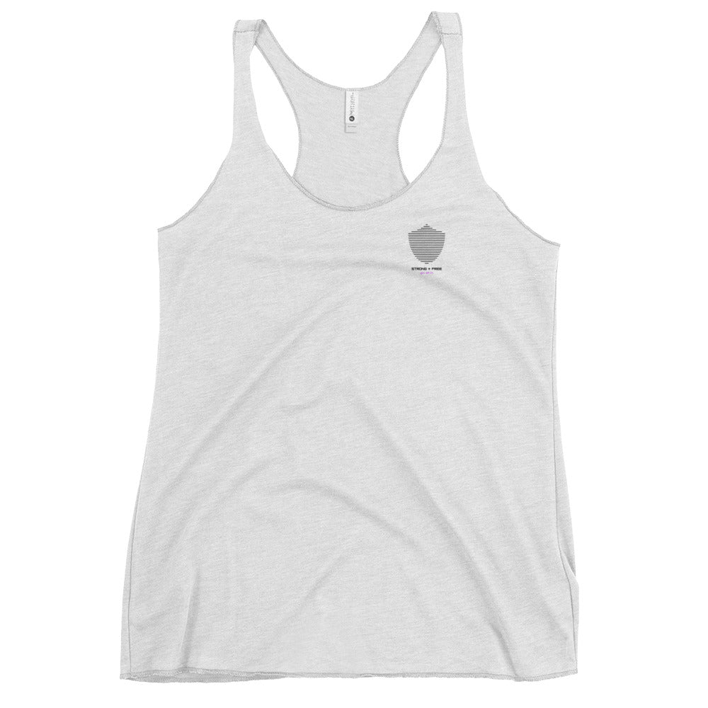 Women's Racerback Tank, white. S+F signature shield logo design III.