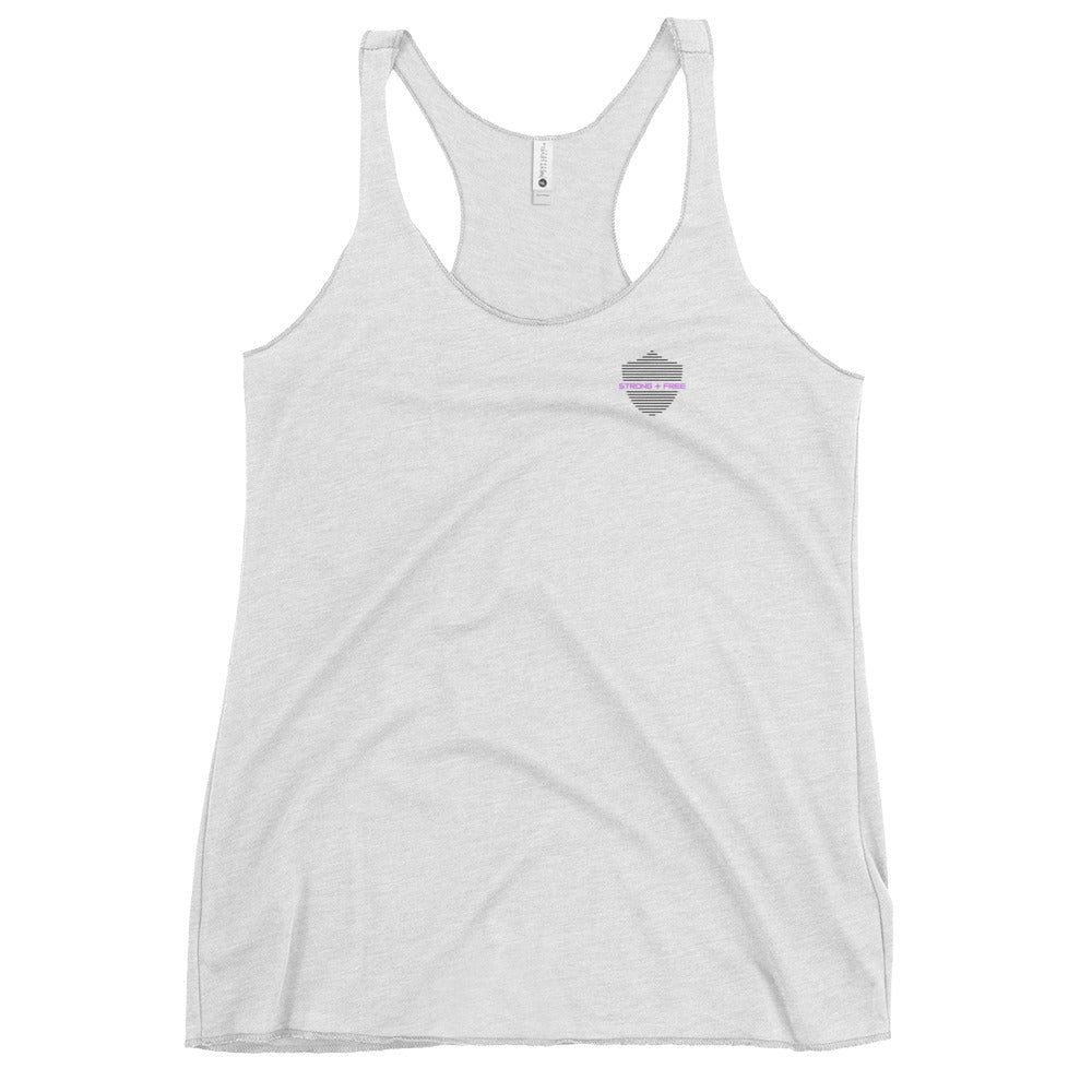 Women's Racerback Tank, white. S+F classic shield logo design II.