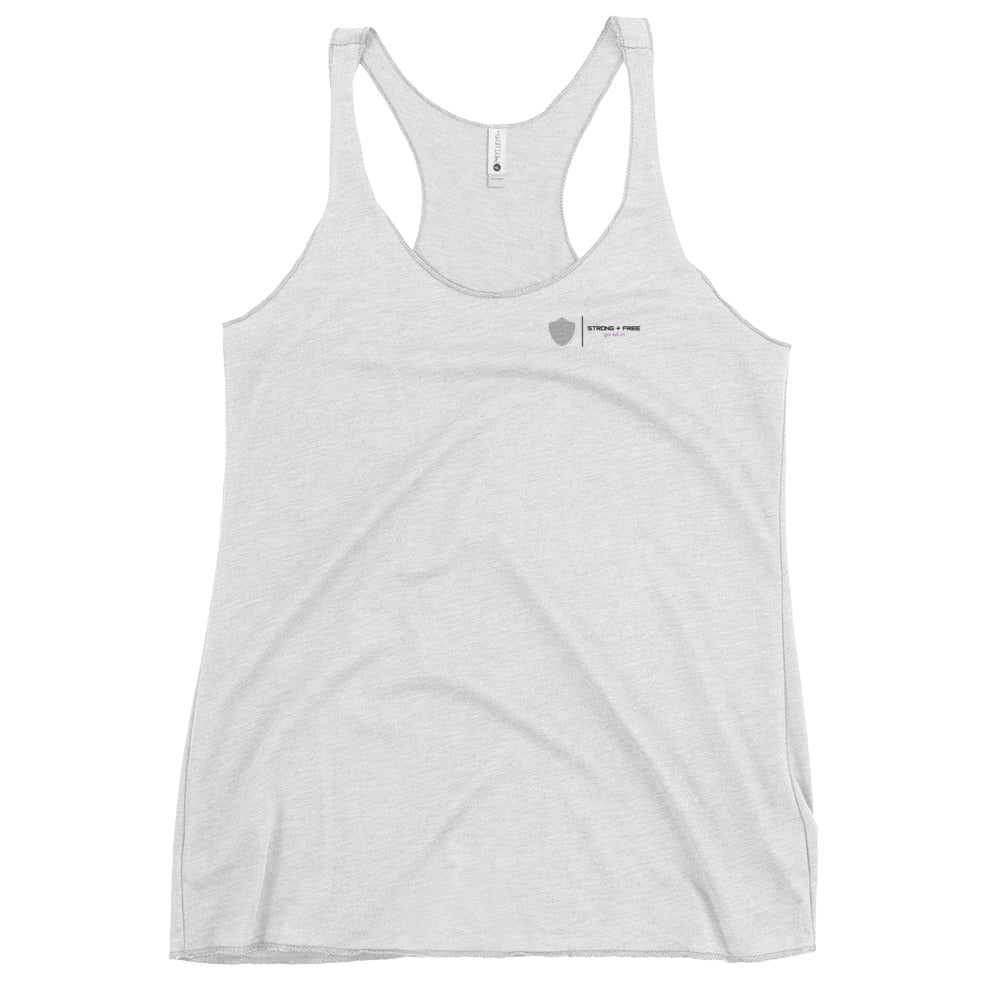 Women's Racerback Tank, White. S+F signature shield logo design.