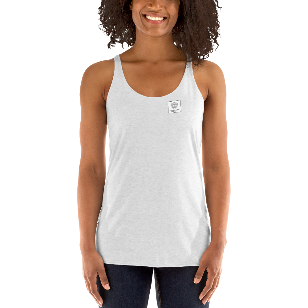 Women's Racerback Tank, various colors. S+F signature shield logo design, reverse white icon.