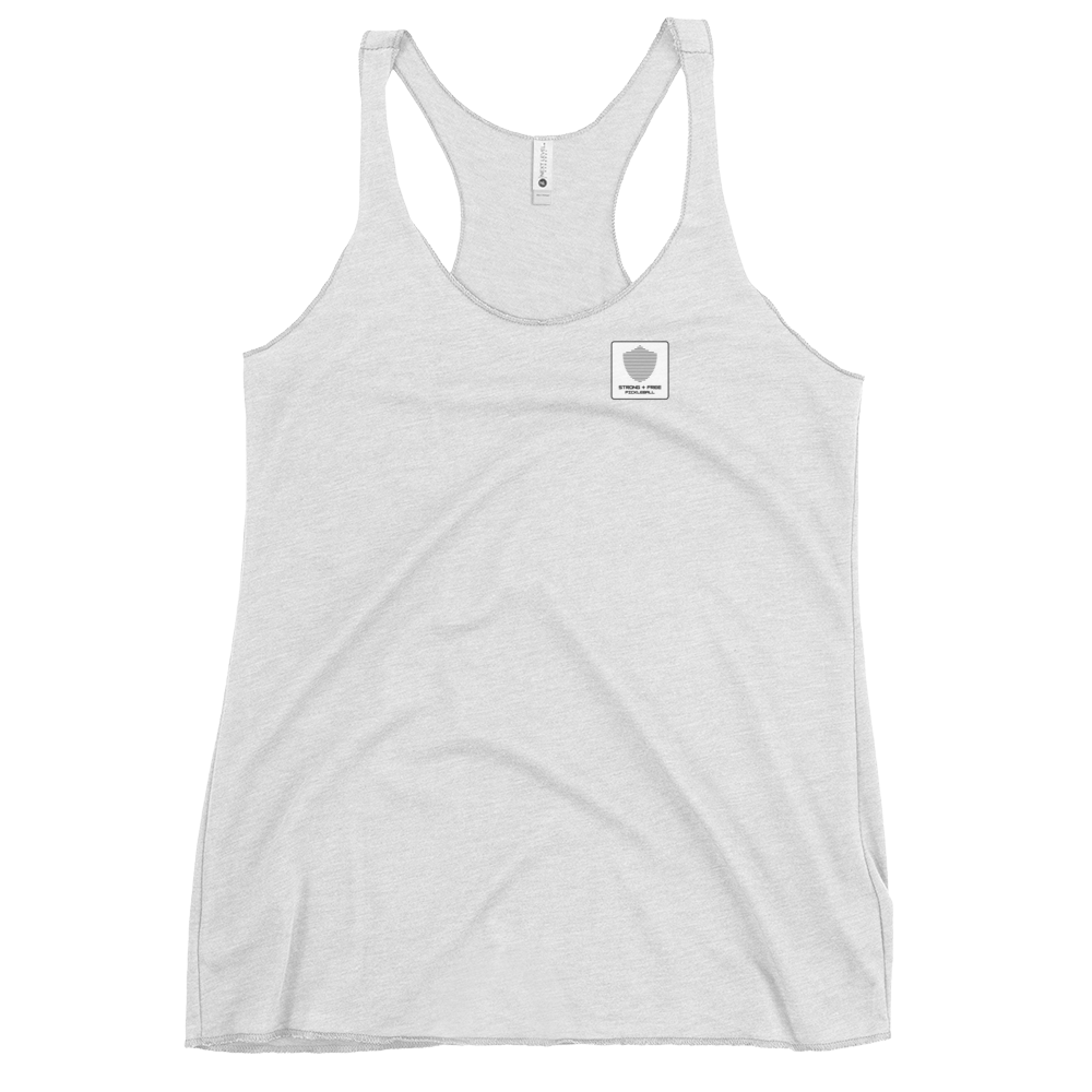Women's Racerback Tank, various colors. S+F signature shield logo design, reverse white icon.