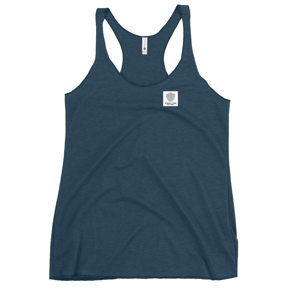 Women's Racerback Tank, various colors. S+F signature shield logo design, reverse white icon.