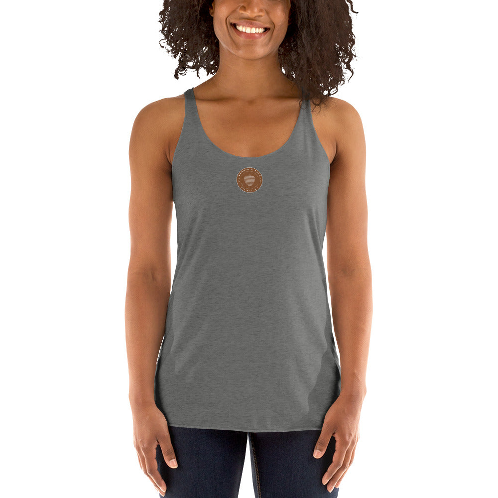 Women's Racerback Tank, various colors. S+F signature shield logo design, reverse brown crest.