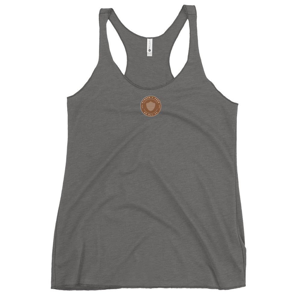 Women's Racerback Tank, various colors. S+F signature shield logo design, reverse brown crest.