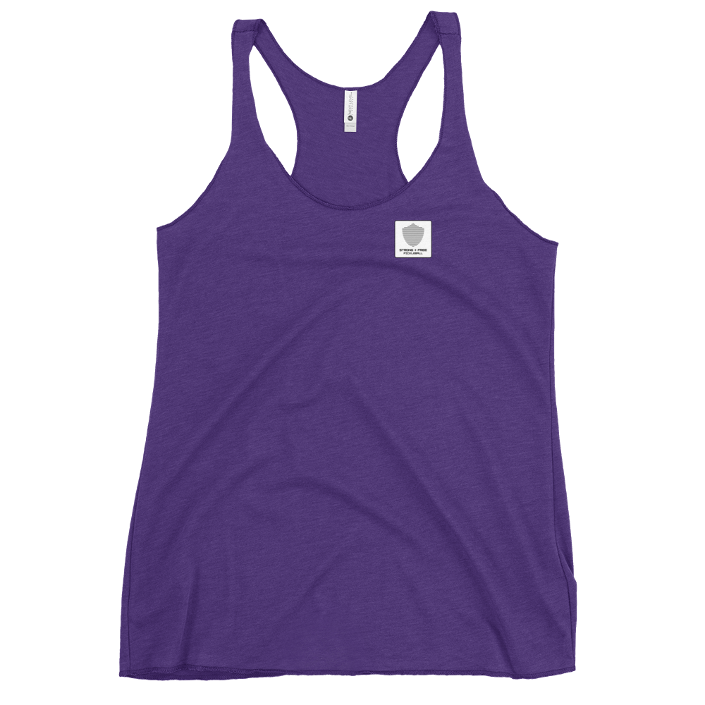 Women's Racerback Tank, various colors. S+F signature shield logo design, reverse white icon.