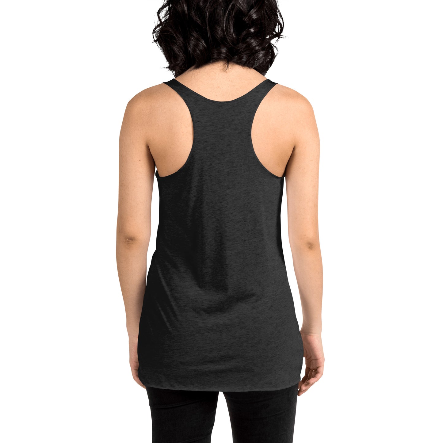 Women's Racerback Tank, black/navy/purple colors. S+F custom pickleball logo design, green and white crest.
