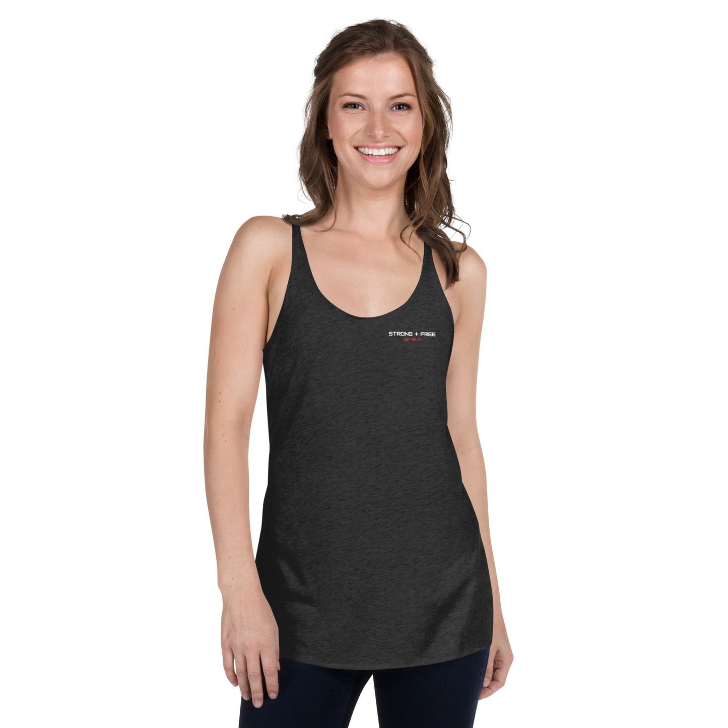 Women's Racerback Tank, black. S+F signature wordmark logo design I.
