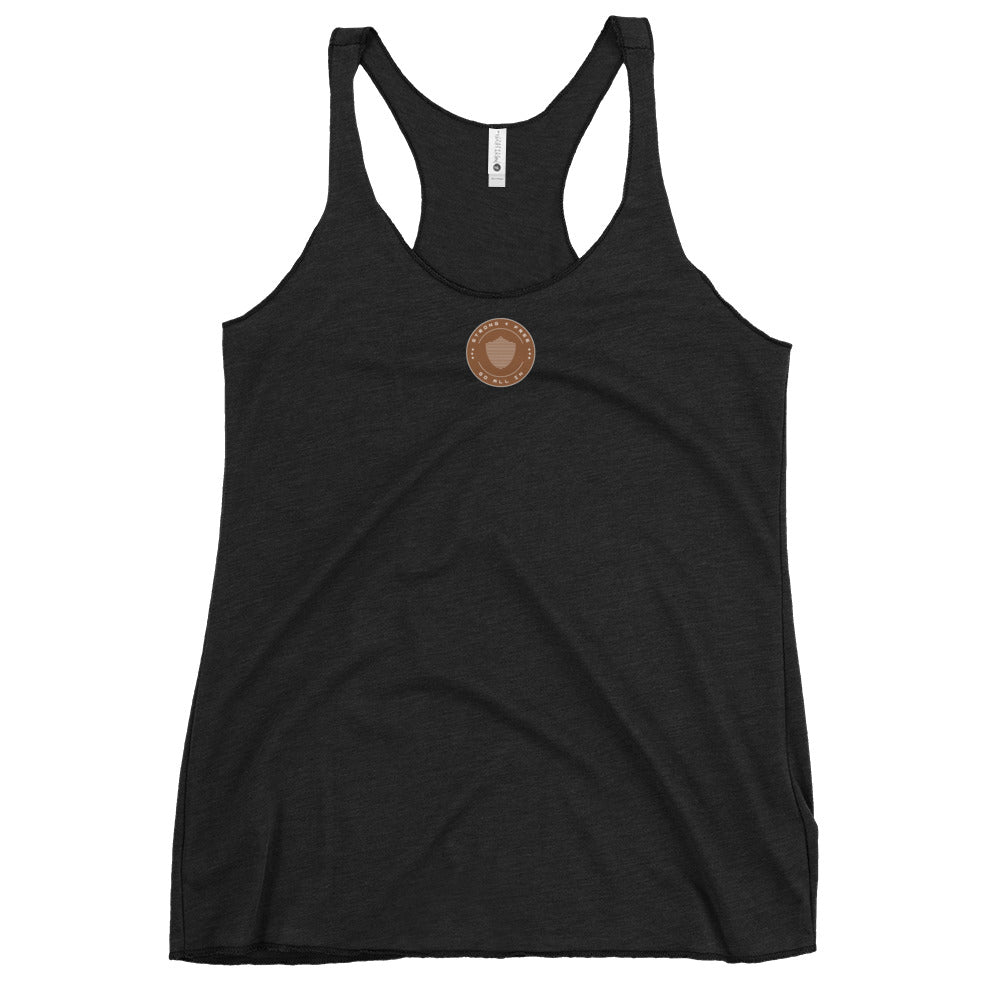Women's Racerback Tank, various colors. S+F signature shield logo design, reverse brown crest.