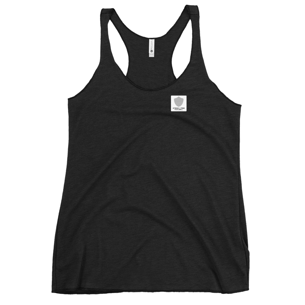 Women's Racerback Tank, various colors. S+F signature shield logo design, reverse white icon.