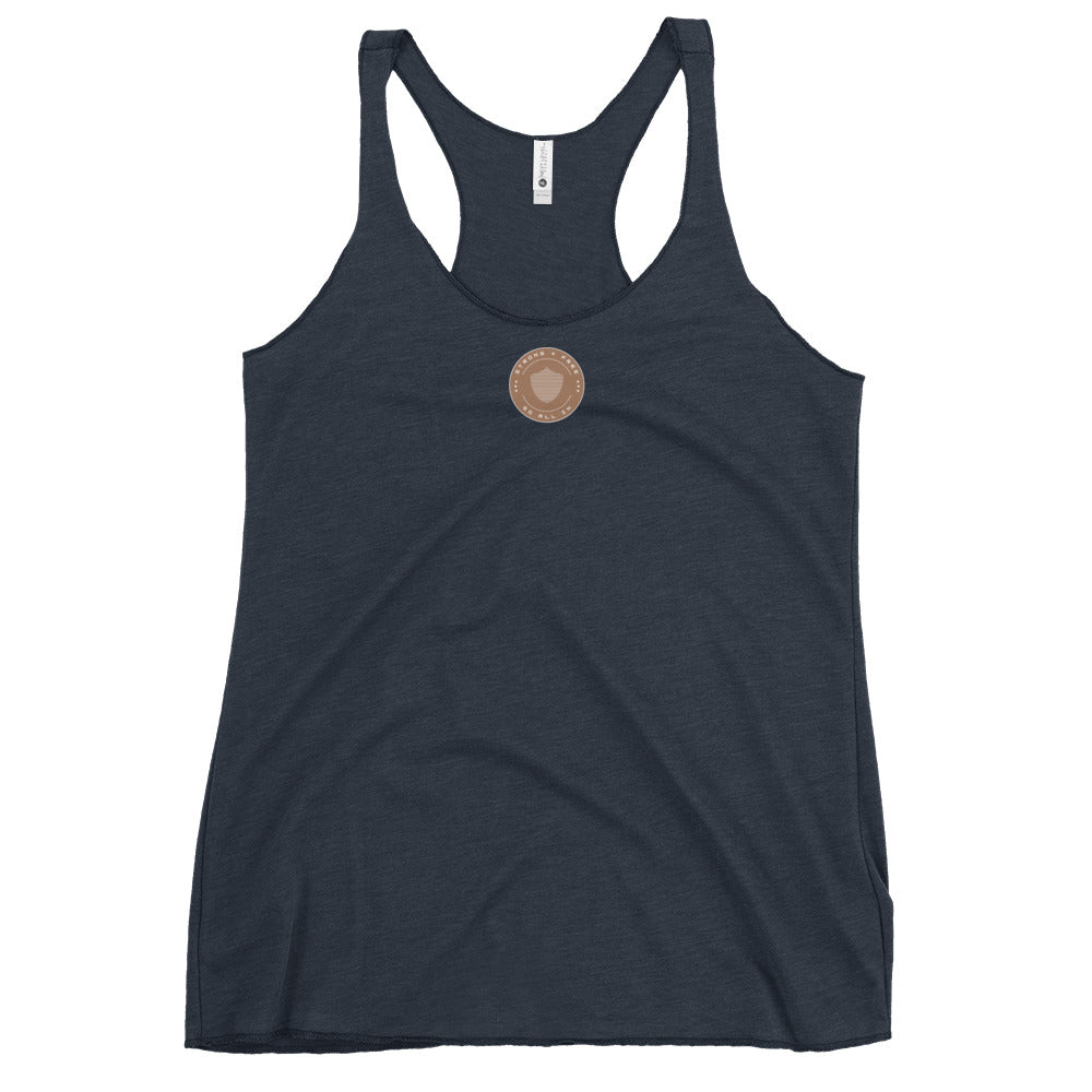 Women's Racerback Tank, various colors. S+F signature shield logo design, reverse brown crest.