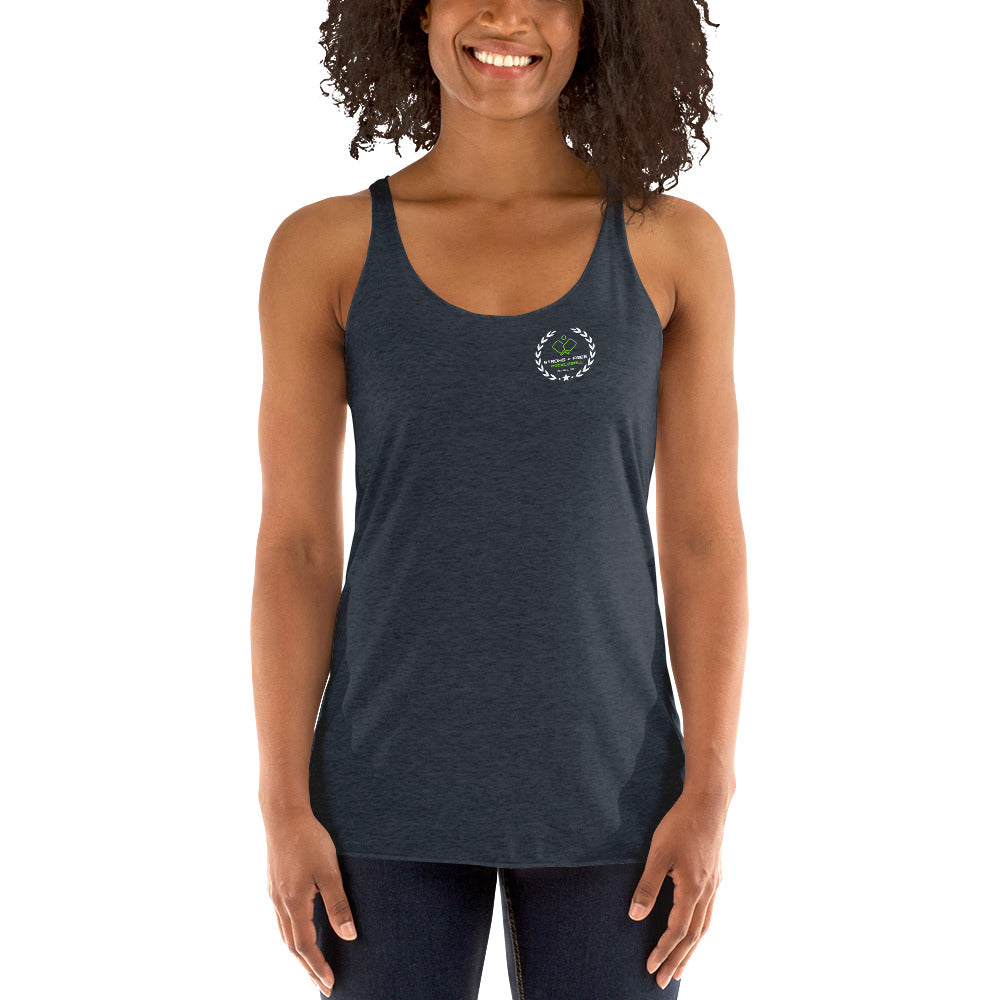 Women's Racerback Tank, black/navy/purple colors. S+F custom pickleball logo design, green and white crest.