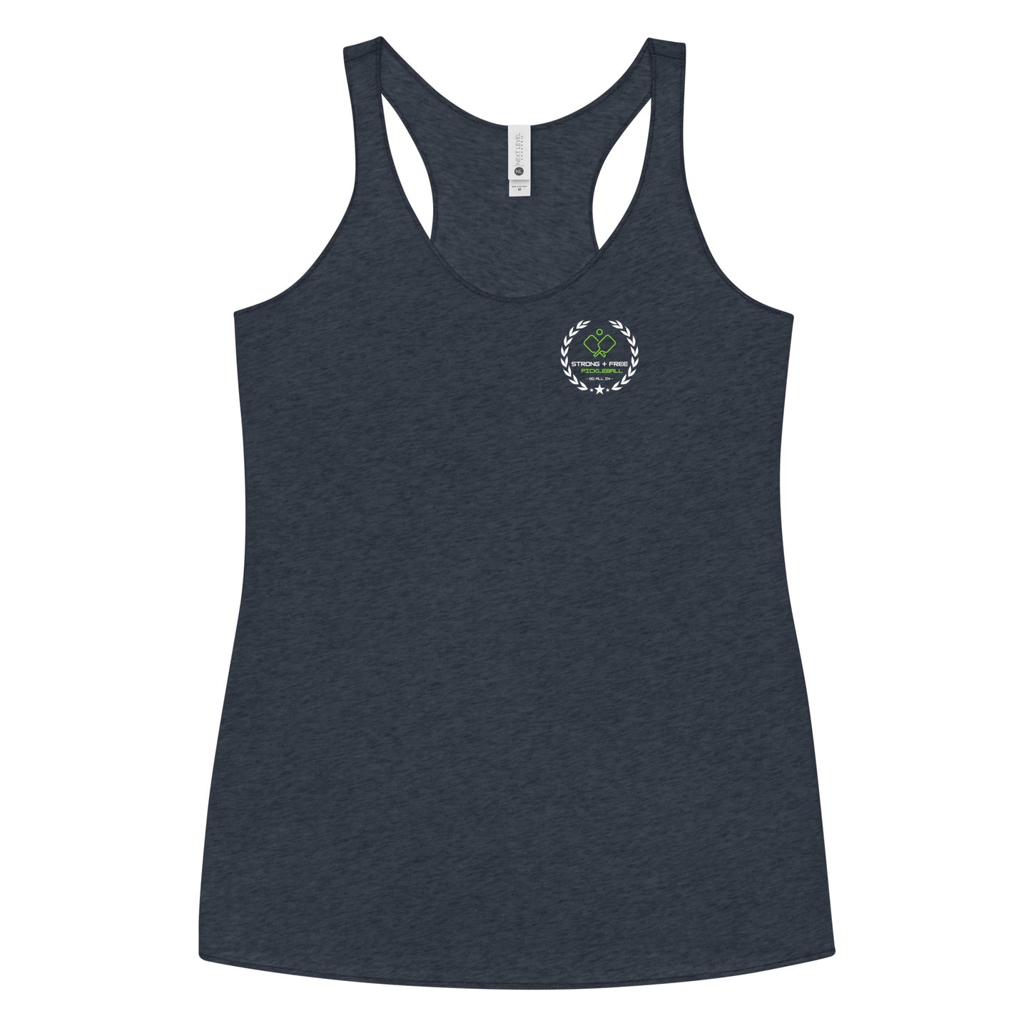 Women's Racerback Tank, black/navy/purple colors. S+F custom pickleball logo design, green and white crest.