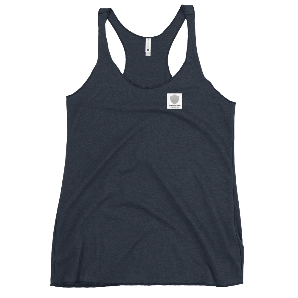 Women's Racerback Tank, various colors. S+F signature shield logo design, reverse white icon.
